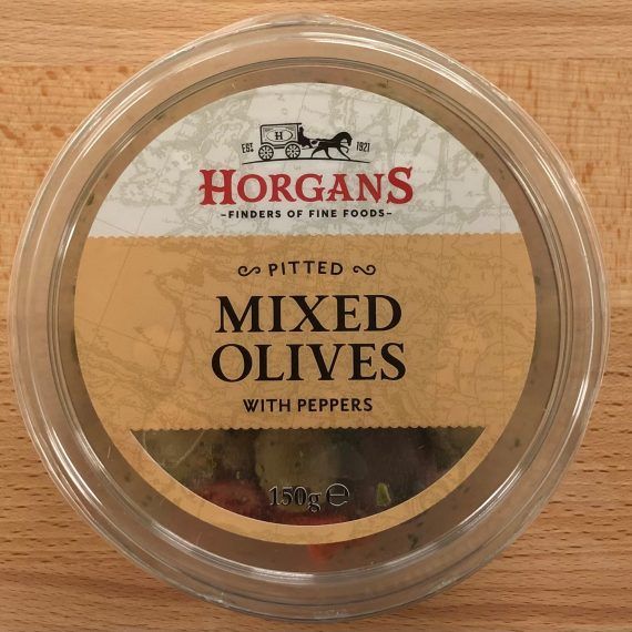 Horgans Pitted Mixed Green & Black Olives with Peppers (150g)
