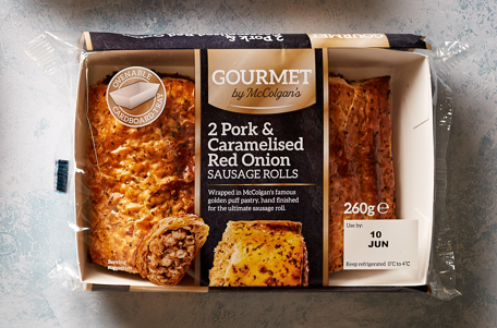 McColgans Gourmet 2 x Pork & Caramelised Red Onion Sausage Rolls (260g) x 8 per box