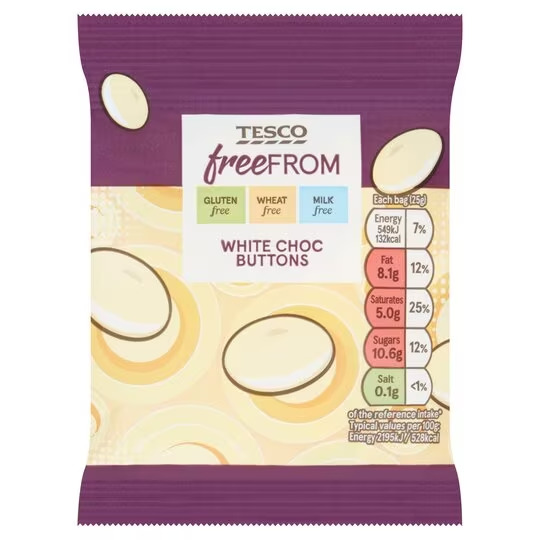 Tesco Free From White Chocolate Buttons 25g